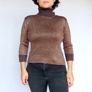 Vintage shiny metallic bronze silk knit turtleneck sweater top size small